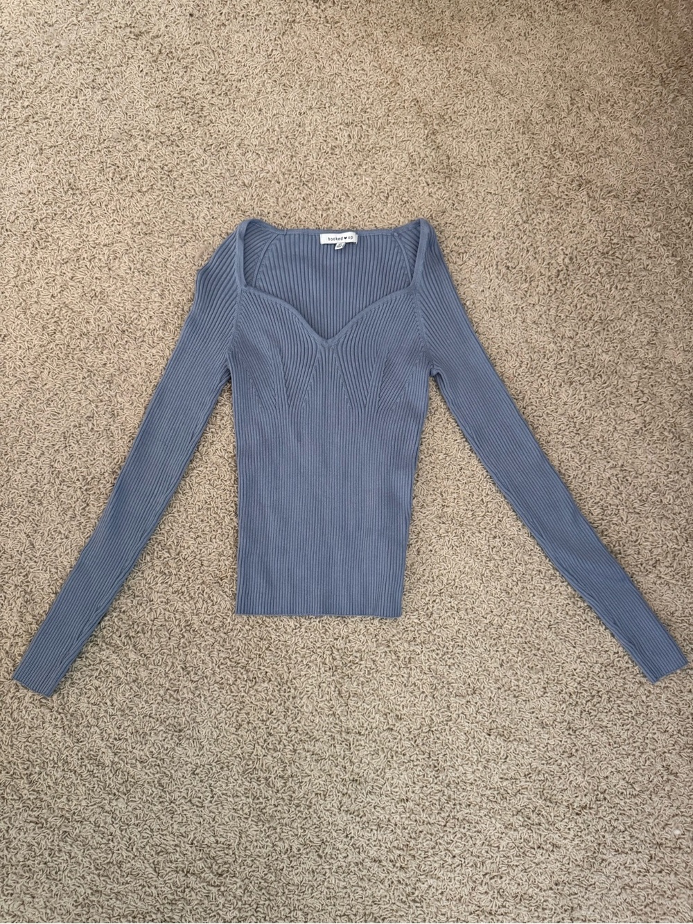 Hooked Up by IOT Dusty Blue Ribbed Sweetheart Neck Top